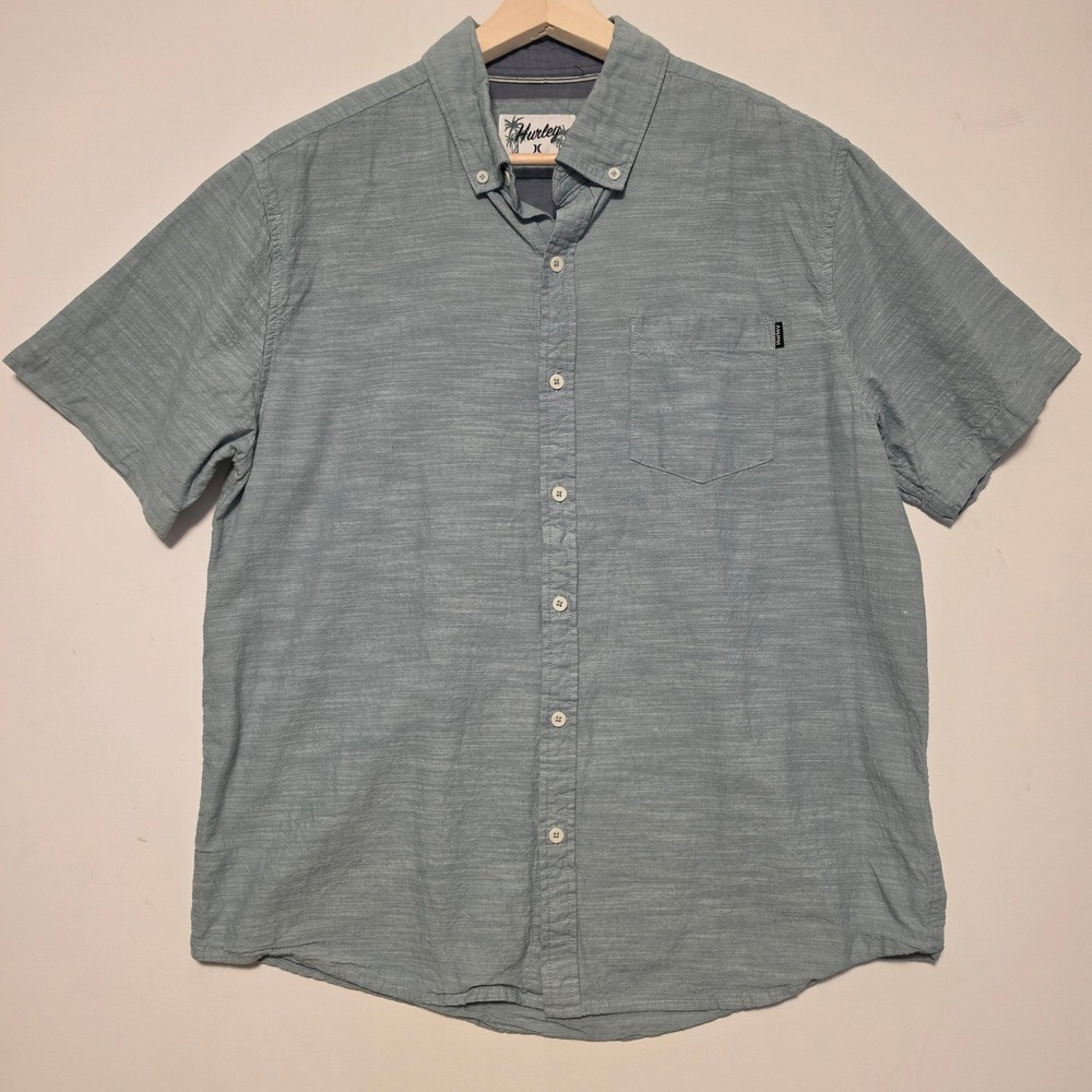 Hurley Slub Textured Short Sleeve Button Down Shirt Blue Green Large